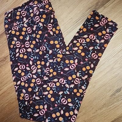 LULAROE TALL & CURVY TC ANKLE STRETCH LEGGINGS BROWN ORANGE GREEN BLUE FLOWERS