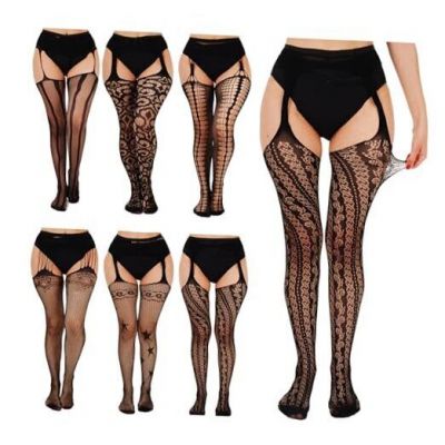 6 Pairs Fishnet Stockings for Women Thigh High Stockings Suspender Nylon Black