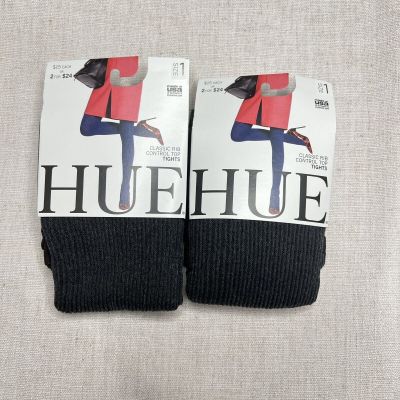 Hue Womens Classic Rib Tights w/ Control Top Size 1 Graphite Heather 2 Pair New