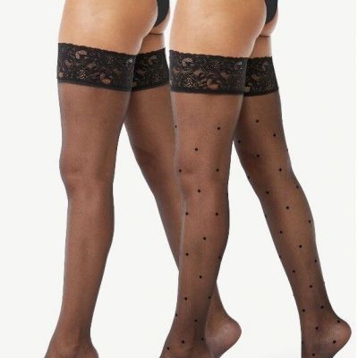 Joyspun Tights Womens Dot And Sheer Black Thigh Highs 2 Pair Floral Lace Tops