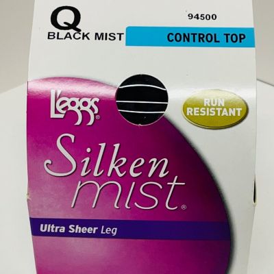 L'eggs Silken Mist Ultra Sheer Leg Q Control Top Run Resistant Black Mist 94500
