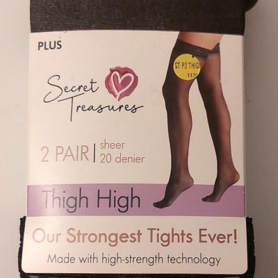 Sec Treas Black Women's Plain Top Sheer 20 Denier Thigh High 2 Pair Tights Plus