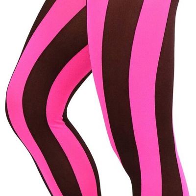 Women’s Opaque Wide Vertical Stripes Full Footed Tights Hosiery - Black/Hot Pink