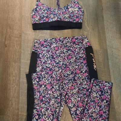 Pink Victoria Secret Ultimate Set Bra Leggings Size Large Bright Floral On Black