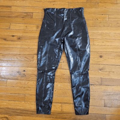 Spanx Faux Patent Leather Size L Leggings Black Shiny Shaping Pull On High Rise