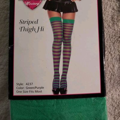 NIP New Music Legs Hosiery Opaque Striped Thigh High Stockings Green Purple 4237