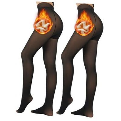 2 Pack Fleece Lined Tights Sheer Winter - Fake Translucent Medium Black+black