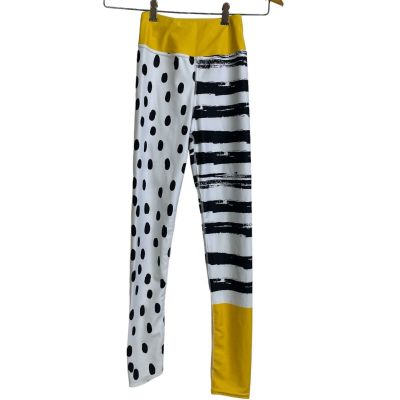 Loony Legs London Leggings Womens XS White Yellow Stripe Polka Dot Bright Gym