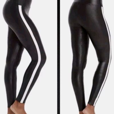 SPANX Black Faux Leather Tummy Control White Side Stripe Leggings! Size L