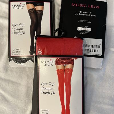 Sexy Thigh High Stockings Lace Top “Music Legs” Lot Of 3 Plus Body Stocking!