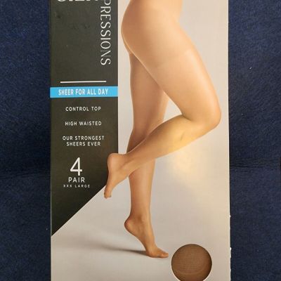 Silk Impressions Pantyhose, Control Top, Sheer For Allday, 4-Pack, 3XL, Rich Tan