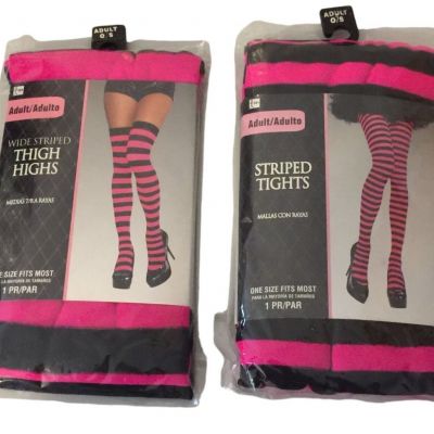 Fuchsia Black Striped Ladies Thigh Highs Striped Tights One Size Fits Most