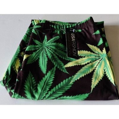 Plus Size Buttery Soft Black Green Marijuana Leggings