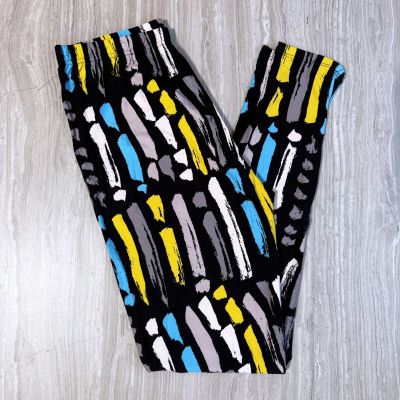 Bright Paint Strokes Yellow, Teal & White Print Soft Black Leggings