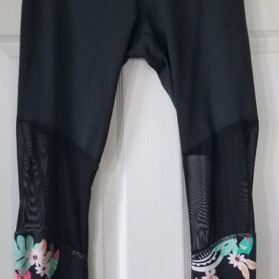 ZELOS Black With Floral & Sheer Mesh Inserts Activewear Leggings Size M