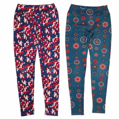 Lot of 2 Lularoe Leggings One Size OS 2-12 Blue Red Pattern Dots Colorful Womens