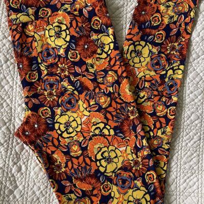 Lularoe Leggings OS Navy Blue Yellow Orange White Flowers FLORAL