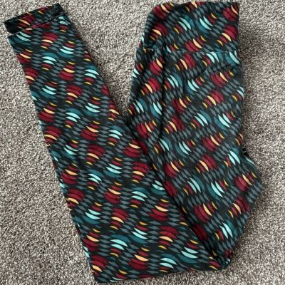 LuLaRoe Leggings One Size Dark Gray Dark Red Teal Geometric Buttery Soft