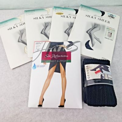 4 Vintage Sheer Caress Silky  Control Top Pantyhose + 1 Silk Reflections Support