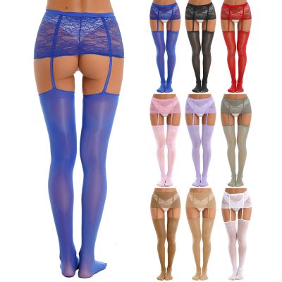 Womens Glossy See-Through Lace Mini Skirt Suspender Thigh High Stockings Hosiery