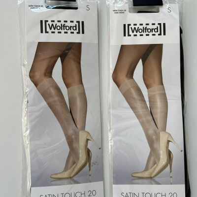WOLFORD SATIN TOUCH 20 KNEE HIGHS SIZE S BLACK LOT OF 2 PAIRS