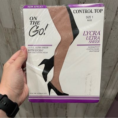 New! On The Go! Lycra Ultra Sheer Pantyhose Size 1 Control Top Nude Made USA