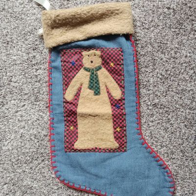 Vtg Denim Teddy Bear Christmas Stocking Primitive Home Folk Home Christmas