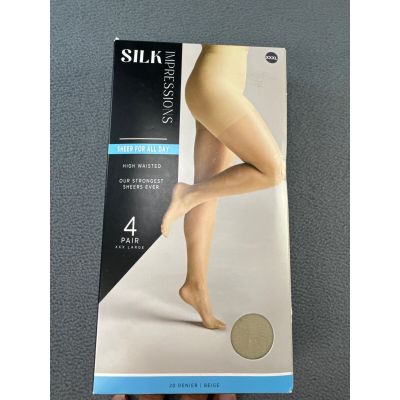 NIB Silk Impressions Sheer High Waisted 4 pair xxxL 20 Denier Beige  pantyhose