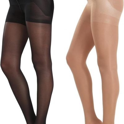 MANZI 2 Pairs Women's Sheer Tights 40D High Waist Control Top Pantyhose Thigh Hi