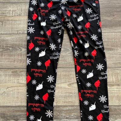 Merry Christmas Black Leggings Sz M Black Red Holiday Stretch Pant Poof NY