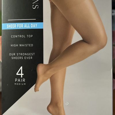 Silk Impressions Pantyhose,Sheer For All Day 4-Pack Size Medium Rich Tan NEW