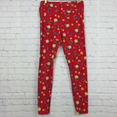 Lularoe Womens Leggings TC Red Abstract Floral Tall Curvy Plus Size