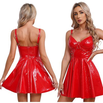 Party Cocktail Fancy Dress Women Patent Leather Clothes Sexy Clubwear Stockings