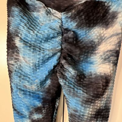 XL Tie Dye Blue Black Light Blue Booty Leggings Scrunch Yoga Workout Big Butt