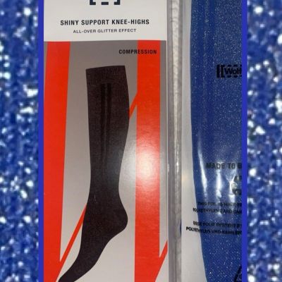 Shiny Support Knee High Wolford S Blue silver Effect Compression Stock Glitter