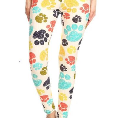 Paw Print Yoga High Waist Leggings Rainbow Paws Ivory Base Buttery Soft