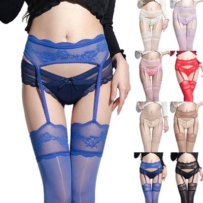 Women's Sexy Glossy Lace Cutout Thigh High Stockings with Garter Belt Set