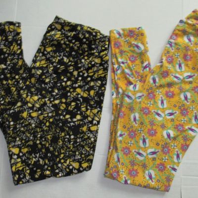 2 Pair LuLaRoe Tall & Curvy Leggings Yellow Floral Black Abstract Poly Blend