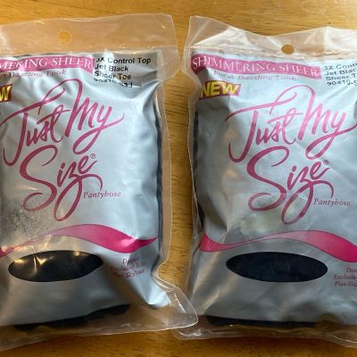 Lot of 2 Leggs Just My Size Pantyhose 3X Control Top JET BLACK Sheer Toe NEW