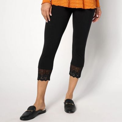 LOGO Layers by Lori Goldstein Tall Cropped Legging Lace Trim Black S A634367