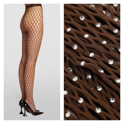 Wolford x Amina Muaddi Swarovski Crystal Fishnet Tights in Brown XS NEW!