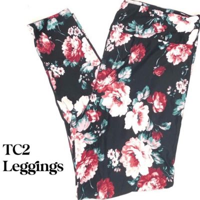 LuLaRoe Womens Leggings Size TC2 Black Shades Of Pink Floral Roses Plus 18+ NWT