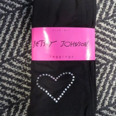 NWT Womens Black BETSEY JOHNSON Leggings Medium/L -RHINESTONE HEART   -ON ANKLE'