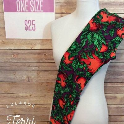 LLR One Size Leggings Red Tomato Garden w/Green Leaves on Purple Background