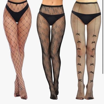 3 Pairs Patterned Fishnet Stockings High Waist Black Fishnet Tights