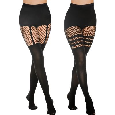 Faux Thigh High Tights Mock Suspender Pantyhose Striped Goth Fishnets Pack of...