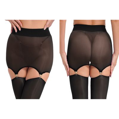 Womens Lingerie Silky Bodystockings See Through Mini Skirt With Garter Clips