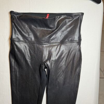 Spanx Leggings Womens XL Faux Leather Black Coated Clubbing Shiny Skinny EUC