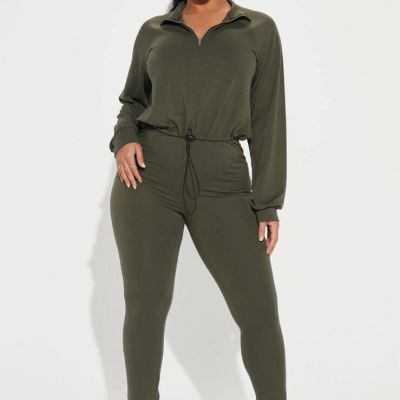 Fashion Nova Figure It Out Legging & Long Sleeve Shirt Top Set Olive Green Large