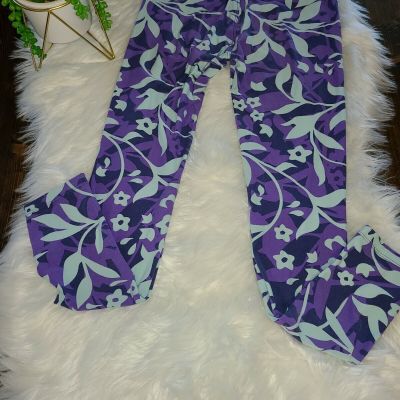 Lularoe Leggings One Size OS  Purple Light Blue Flowers Full Length SoftStretch